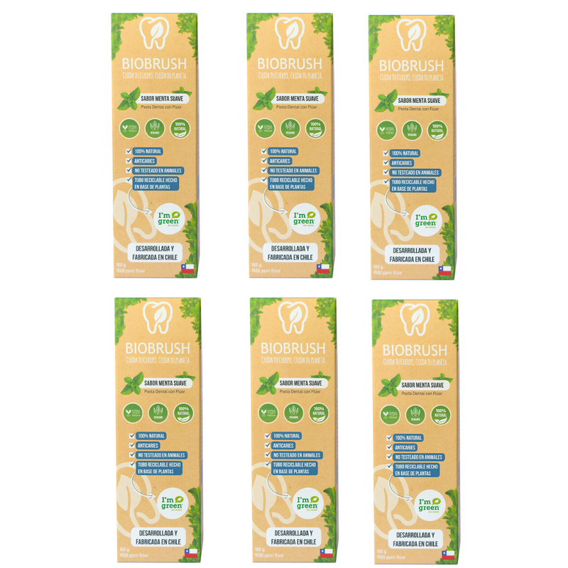 Pack 6 Pastas Dentales Naturales Menta Suave con Flúor 100 gr